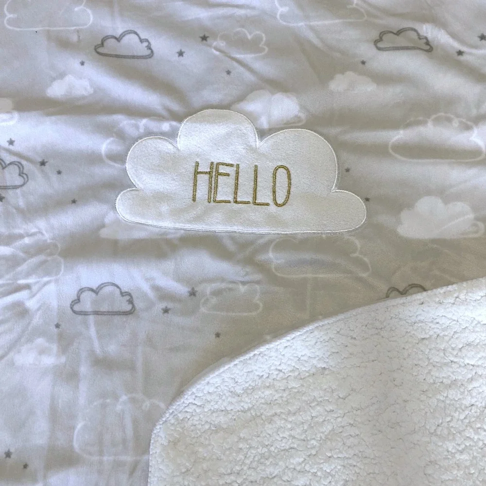 Just Born Hello Baby Blanket‎ White Gray Cloud Star Sherpa Plush 30x40